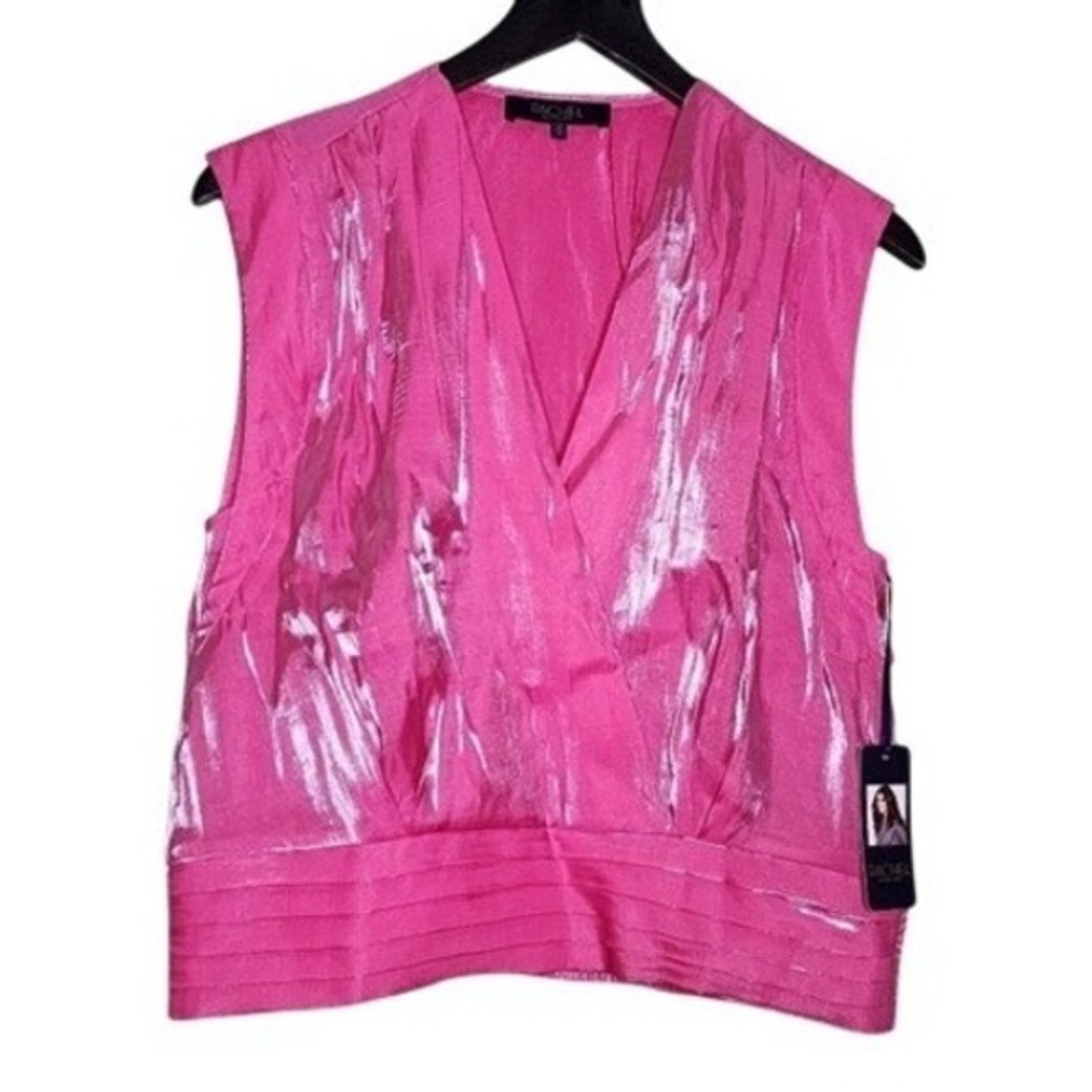 Rachel‎ Rachel Roy Pink V Neck Sleeveless Top Cross Front Pleated Hem Metallic M
